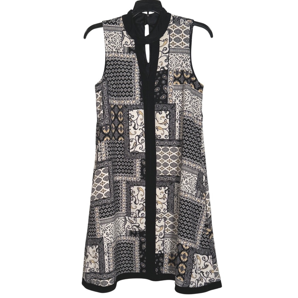 Rabbit Rabbit Dress Rabbit Womens Patchwork Paisley Mock Neck Shift Black Size 4